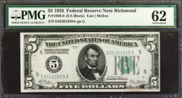 Fr. 1950-E. 1928 $5 Federal Reserve Note. Richmond. PMG Uncirculated 62.

An appealing example of this Richmond numerical $5.

From the Laguna Coa...