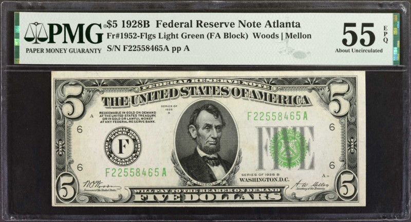 Fr. 1952-Flgs. 1928B $5 Federal Reserve Note. Atlanta. PMG About Uncirculated 55...