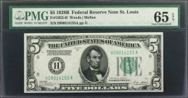 Fr. 1952-H. 1928B $5 Federal Reserve Note. St. Louis. PMG Gem Uncirculated 65 EPQ.

Dark green seal. Bright paper and pack fresh appeal are found on...