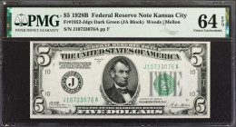 Fr. 1952-Jdgs. 1928B $5 Federal Reserve Note. Kansas City. PMG Choice Uncirculated 64 EPQ.

Dark green seal. An elusive district to acquire a high g...