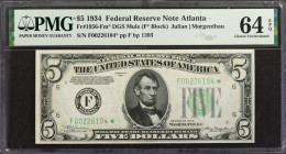 Fr. 1956-Fm*. 1934 $5 Federal Reserve Mule Star Note. Atlanta. PMG Choice Uncirculated 64 EPQ.

Dark green seal. Mule star note. Back plate 1393. A ...