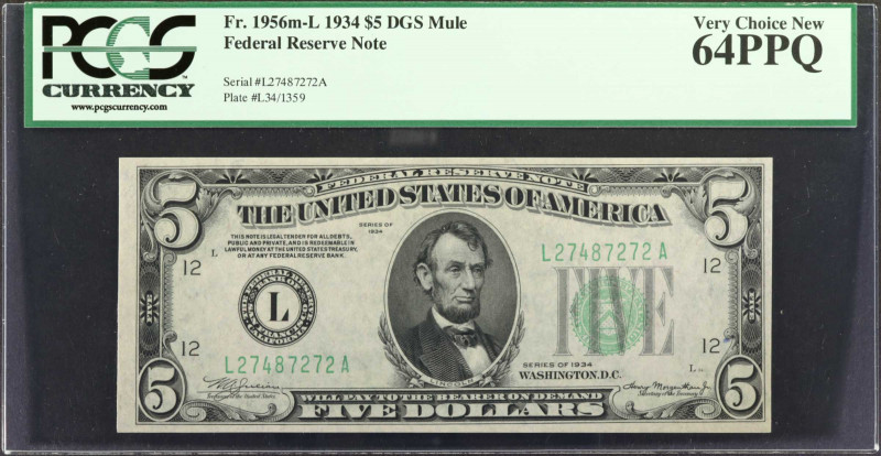Fr. 1956m-L. 1934 $5 Federal Reserve Mule Note. San Francisco. PCGS Currency Ver...