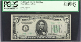 Fr. 1956m-L. 1934 $5 Federal Reserve Mule Note. San Francisco. PCGS Currency Very Choice New 64 PPQ.

Dark green seal. Mule. Back plate 1359.

Fro...