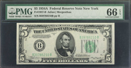 Fr. 1957-B. 1934A $5 Federal Reserve Note. New York. PMG Gem Uncirculated 66 EPQ.

A wonderful Gem offering of this New York 1934A $5.

From the L...