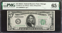 Fr. 1957-G*. 1934A $5 Federal Reserve Star Note. Chicago. PMG Gem Uncirculated 65 EPQ.

A wonderfully original example of this Replacement $5 from t...