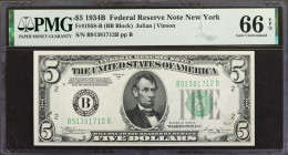 Fr. 1958-B. 1934B $5 Federal Reserve Note. New York. PMG Gem Uncirculated 66 EPQ.

Crackly fresh paper and wonderful originality are seen on this 19...