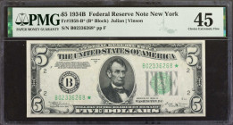 Fr. 1958-B*. 1934B $5 Federal Reserve Star Note. New York. PMG Choice Extremely Fine 45.

Just five examples of this star variety have been graded b...