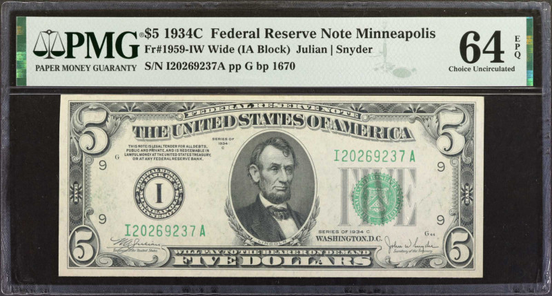 Fr. 1959-IW. 1934C $5 Federal Reserve Note. Wide. Minneapolis. PMG Choice Uncirc...