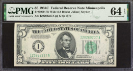 Fr. 1959-IW. 1934C $5 Federal Reserve Note. Wide. Minneapolis. PMG Choice Uncirculated 64 EPQ.

Back plate 1670. Wide variety. Nearly Gem.

From t...