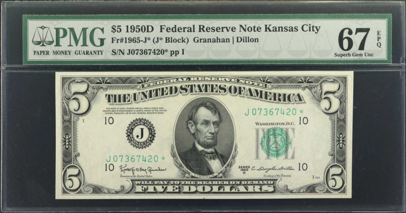 Fr. 1965-J*. 1950D $5 Federal Reserve Star Note. Kansas City. PMG Superb Gem Unc...