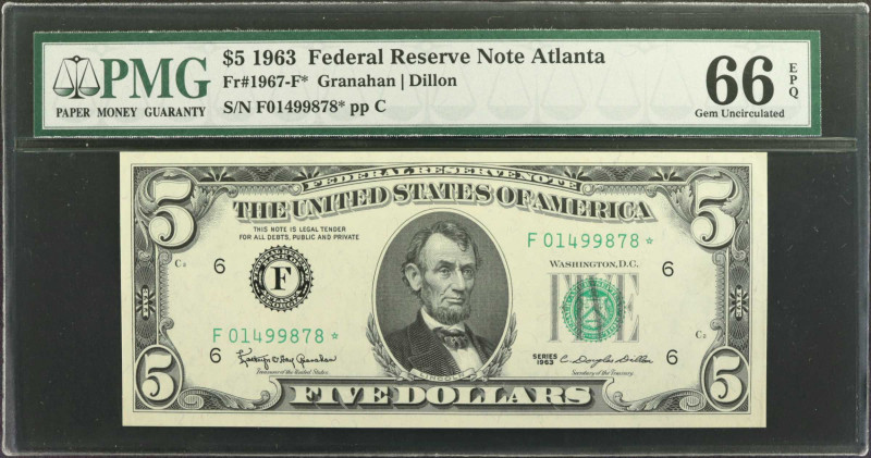 Fr. 1967-F*. 1963 $5 Federal Reserve Star Note. Atlanta. PMG Gem Uncirculated 66...