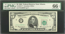 Fr. 1967-F*. 1963 $5 Federal Reserve Star Note. Atlanta. PMG Gem Uncirculated 66 EPQ.

An elusive Atlanta replacement note, seen here in a lovely Ge...