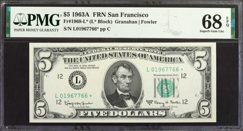 Fr. 1968-L*. 1963A $5 Federal Reserve Star Note. San Francisco. PMG Superb Gem U...