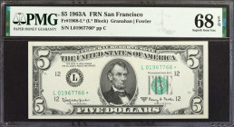 Fr. 1968-L*. 1963A $5 Federal Reserve Star Note. San Francisco. PMG Superb Gem Uncirculated 68 EPQ.

A lofty example of this San Francisco replaceme...