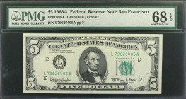 Fr. 1968-L. 1963A $5 Federal Reserve Note. San Francisco. PMG Superb Gem Uncirculated 68 EPQ.

A lofty example of this 1963A San Fran $5. Visually s...