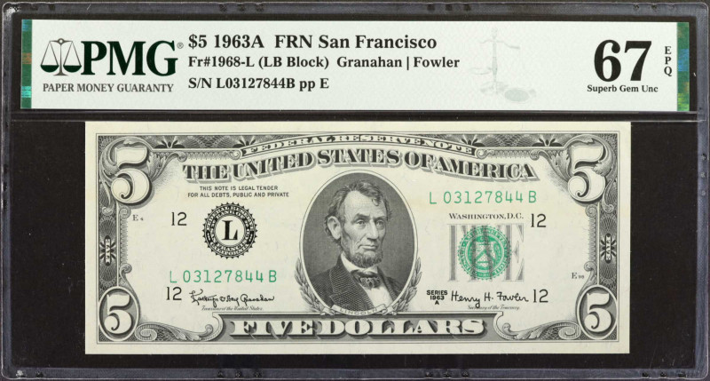 Fr. 1968-L. 1963A $5 Federal Reserve Note. San Francisco. PMG Superb Gem Uncircu...