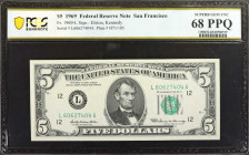 Fr. 1969-L. 1969 $5 Federal Reserve Note. San Francisco. PCGS Banknote Superb Gem Uncirculated 68 PPQ.

A lofty graded example of this 1969 San Fran...