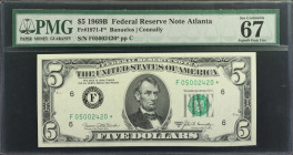 Fr. 1971-F*. 1969B $5 Federal Reserve Star Note. San Francisco. PMG Superb Gem Uncirculated 67 EPQ.

A high end example of this Atlanta replacement....