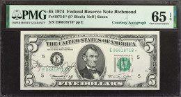 Fr. 1973-E*. 1974 $5 Federal Reserve Star Note. Richmond. PMG Gem Uncirculated 65 EPQ. Courtesy Autograph.

This replacement note has been courtesy ...