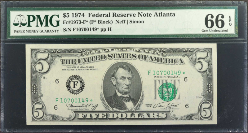 Fr. 1973-F*. 1974 $5 Federal Reserve Star Note. Atlanta. PMG Gem Uncirculated 66...