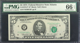 Fr. 1973-F*. 1974 $5 Federal Reserve Star Note. Atlanta. PMG Gem Uncirculated 66 EPQ.

Replacement. Gem.

From the Laguna Coast Collection Part 4....
