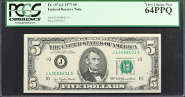 Lot of (3). Fr. 1973-G, 1974-J & 1974-L. 1974-77 $5 Federal Reserve Notes. PCGS Currency Very Choice New 64 PPQ to PMG Gem Uncirculated 66 EPQ.

Inc...