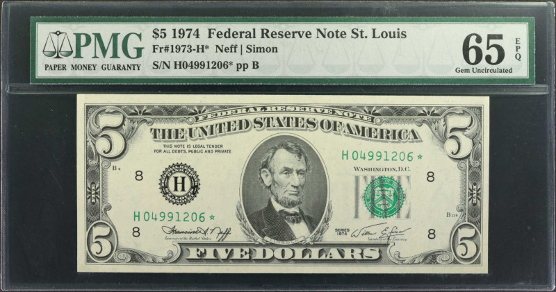 Fr. 1973-H*. 1974 $5 Federal Reserve Star Note. St. Louis. PMG Gem Uncirculated ...
