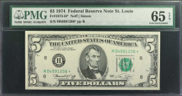 Fr. 1973-H*. 1974 $5 Federal Reserve Star Note. St. Louis. PMG Gem Uncirculated 65 EPQ.

A lovely Gem Replacement from the St. Louis district.

Fr...