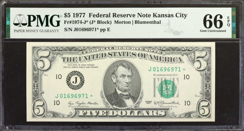Fr. 1974-J*. 1977 $5 Federal Reserve Star Note. Kansas City. PMG Gem Uncirculate...