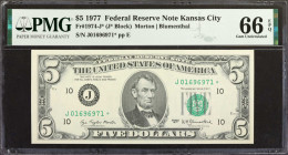 Fr. 1974-J*. 1977 $5 Federal Reserve Star Note. Kansas City. PMG Gem Uncirculated 66 EPQ.

Dark green overprints pop on bright paper. An excellent e...