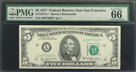 Fr. 1974-L*. 1977 $5 Federal Reserve Star Note. San Francisco. PMG Gem Uncirculated 66 EPQ.

Excellent punch through embossing pops through the thir...