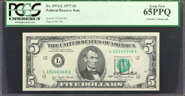 Fr. 1974-L. 1977 $5 Federal Reserve Note. San Francisco. PCGS Currency Gem New 65 PPQ. Courtesy Autograph.

This note is seen with a courtesy autogr...