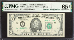 Fr. 1980-L. 1988A $5 Federal Reserve Note. San Francisco. PMG Gem Uncirculated 65 EPQ. Repeater Serial Number.

Serial number "L6366363B."

From t...