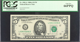 Fr. 1981-L. 1988A $5 Federal Reserve Note. San Francisco. PCGS Currency Gem New 66 PPQ. Radar Serial Number.

Serial number "L69633696D."

From th...