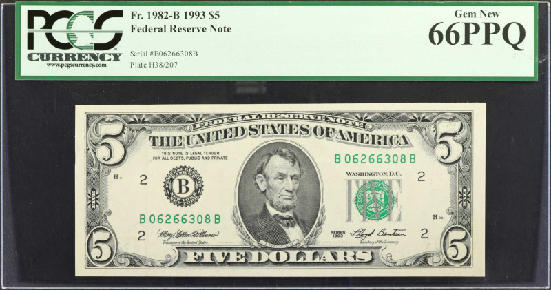 Fr. 1982-B. 1993 $5 Federal Reserve Note. New York. PCGS Currency Gem New 66 PPQ...