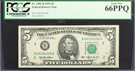 Fr. 1982-B. 1993 $5 Federal Reserve Note. New York. PCGS Currency Gem New 66 PPQ.

This Gem New York $5 boasts wide margins and pack fresh appeal. T...