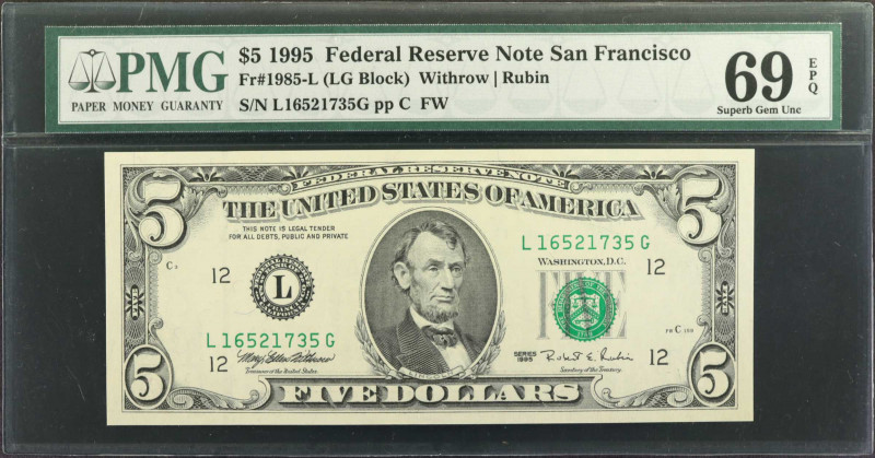Fr. 1985-L. 1995 $5 Federal Reserve Note. San Francisco. PMG Superb Gem Uncircul...