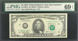 Fr. 1985-L. 1995 $5 Federal Reserve Note. San Francisco. PMG Superb Gem Uncirculated 69 EPQ.

A nearly perfect example of this 1995 San Fran $5. The...