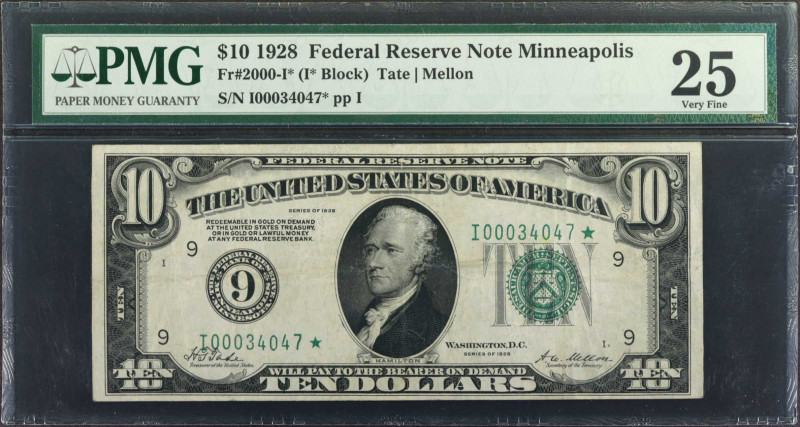 Fr. 2000-I*. 1928 $10 Federal Reserve Star Note. Minneapolis. PMG Very Fine 25....
