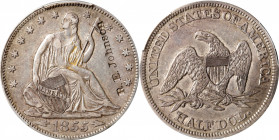 R.E. JOHNSON on the obverse of an 1855 Arrows Liberty Seated half dollar. Brunk-Unlisted, Rulau-Unlisted. EF Details--Damage (PCGS).