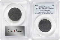 1803 Draped Bust Cent. S-246. Small Date, Small Fraction. Genuine--Environmental Damage (PCGS).

A mid grade circulated coin.

PCGS# 36356. NGC ID...