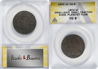 1803 Draped Bust Cent. S-256. Small Date, Small Fraction--Planchet Flaw--VG-8 (ANACS).

PCGS# 36383. NGC ID: 224G.