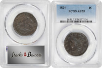 1824 Matron Head Cent. N-2. AU-53 (PCGS).

This lot includes NGC insert 308048-010 with a grade of AU-58 BN and the Jules Reiver Collection provenan...