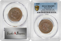1849 Braided Hair Cent. N-29. MS-62 BN (PCGS).

PCGS# 405706. NGC ID: 226F.

Ex Jack Collins; our (Bowers and Ruddy's) sale of January 1983, lot 6...