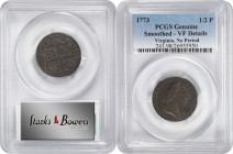 1773 Virginia Halfpenny. Newman 2-D, W-1450. No Period After GEORGIVS, 7 Harp Strings. VF Details--Smoothed (PCGS).

Deep chestnut-brown surfaces ex...