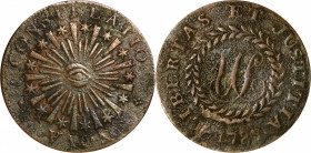 1785 Nova Constellatio Copper. Crosby 1-B, W-1880. Rarity-4. CONSTELATIO, Blunt Rays. Very Fine, Corrosion.

112.2 grains. Surfaces are affected by ...