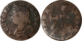 1786 Connecticut Copper. Miller 5.10-P, W-2655. Rarity-5. Mailed Bust Left. Fine, Environmental Damage.

126.9 grains. Some roughness and dark scale...