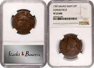 1787 Connecticut Copper. Miller 33.6-KK, W-3425. Rarity-2. Draped Bust Left, Triple Ribbon Ends. VF-25 (NGC).

Choice, original, chocolate-brown sur...