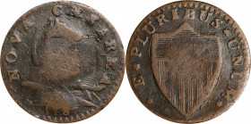 1787 New Jersey Copper. Maris 46-e, W-5250. Rarity-1. No Sprig Above Plow, Clashed Die. Fine.

143.2 grains. A pleasing two-tone example with dark b...