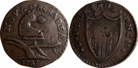 1787 New Jersey Copper. Maris 56-n, W-5310. Rarity-1. No Sprig Above Plow, Camel Head--Overstruck on a 1787 Connecticut Copper--Choice Very Fine.

9...